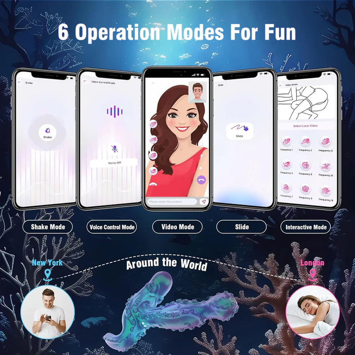 GhallasGoth app showing 6 operation modes including Shake, Voice Control, Video, Slide, and Interactive Mode for fun