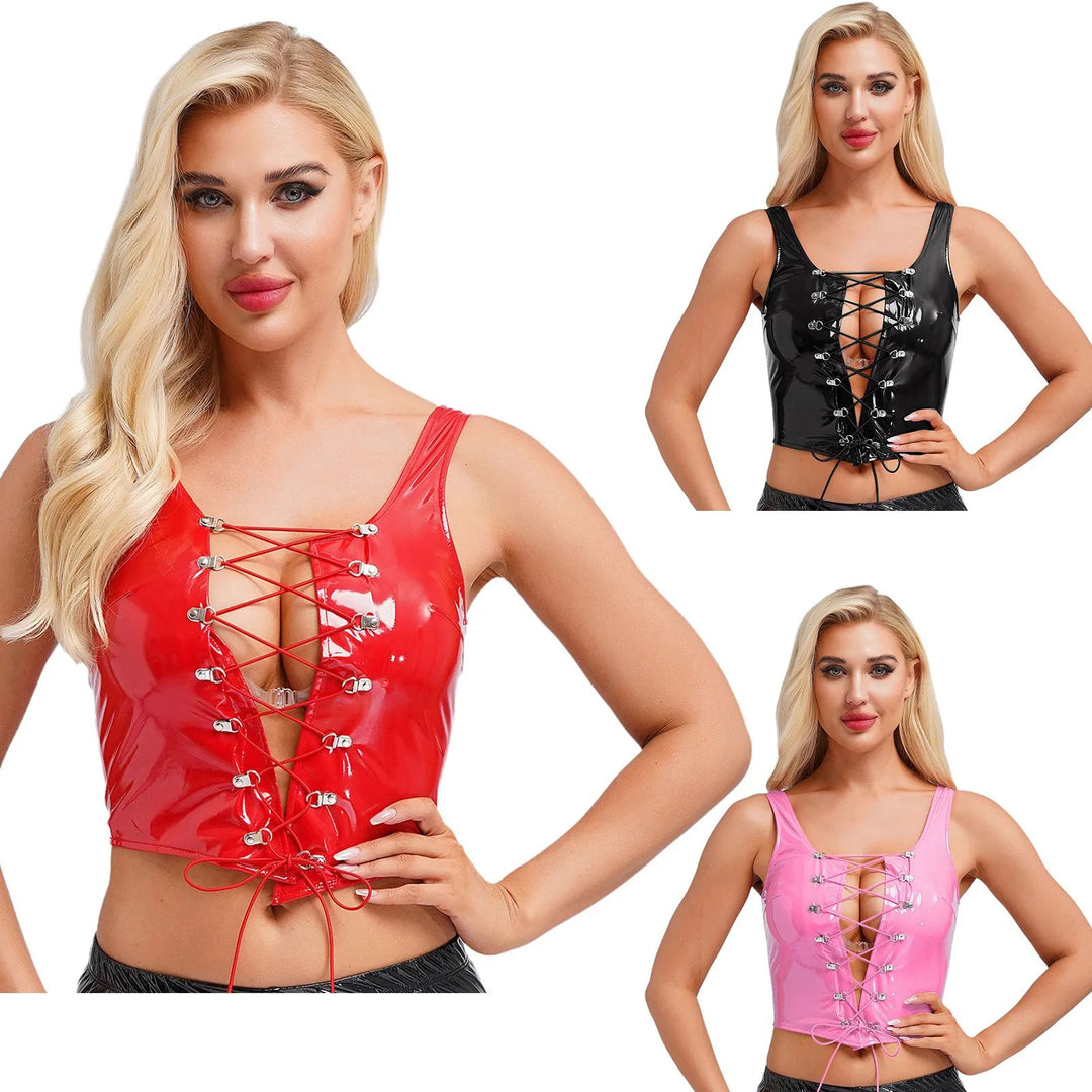 Wetlook Leather Lace-up Top