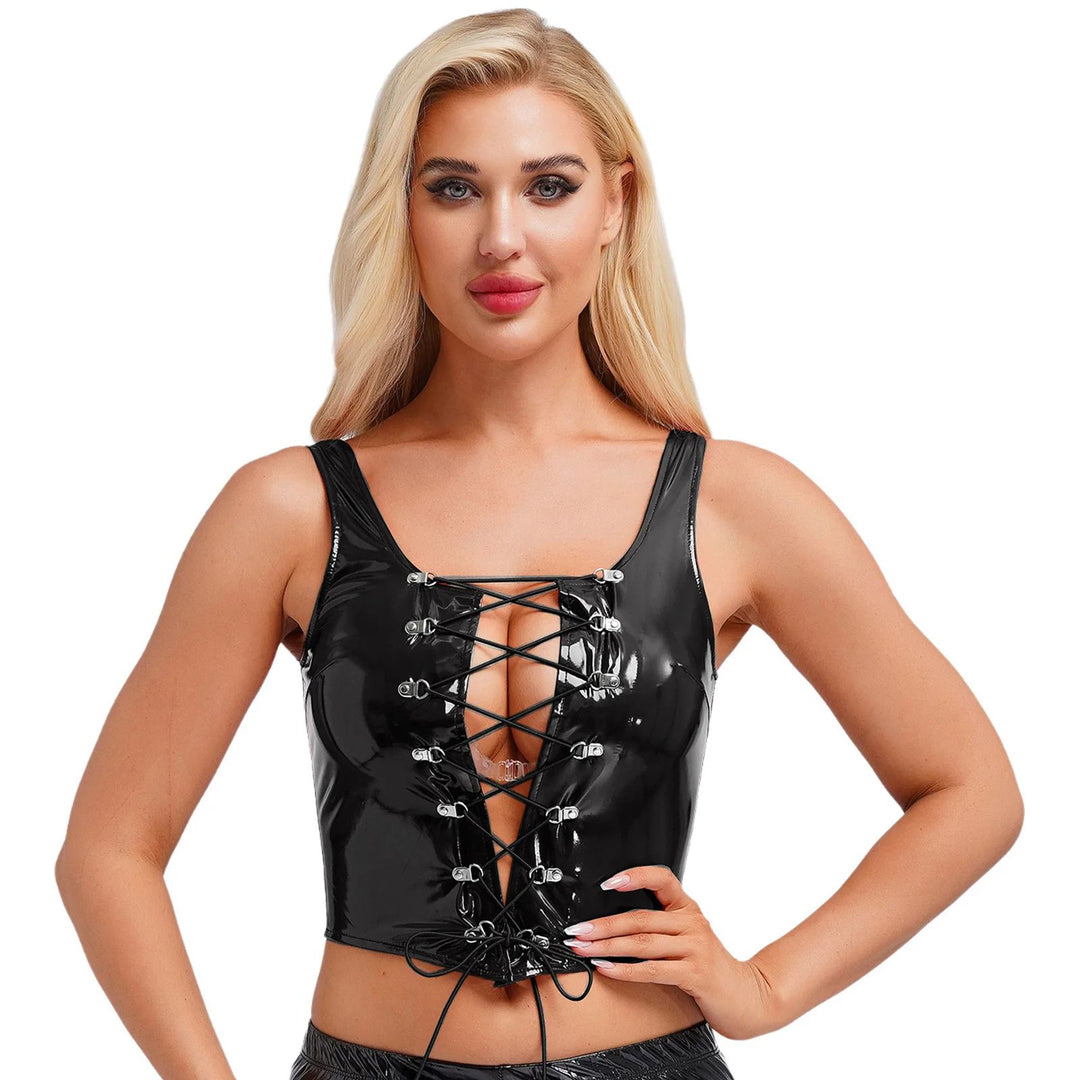 Wetlook Leather Lace-up Top
