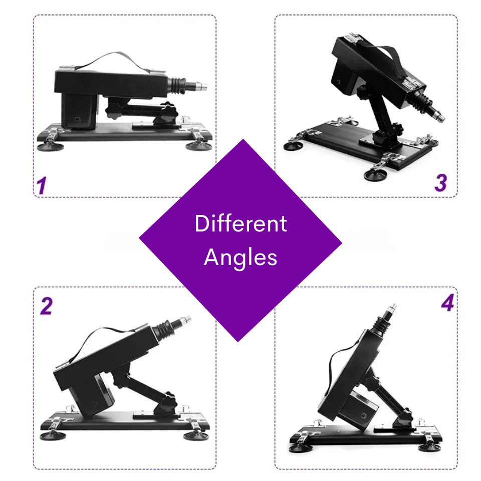 Adjustable pleasure machine by GHALLAS shown from four different angles on a white background