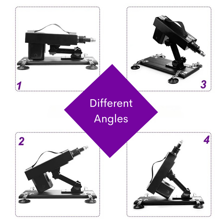 Adjustable pleasure machine by GHALLAS shown from four different angles on a white background