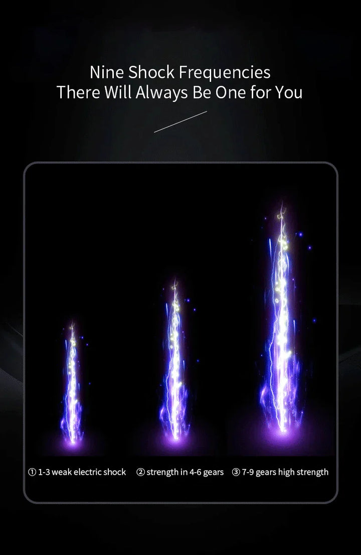 Remote control chastity cage showing three levels of electric shock strength with nine shock frequencies