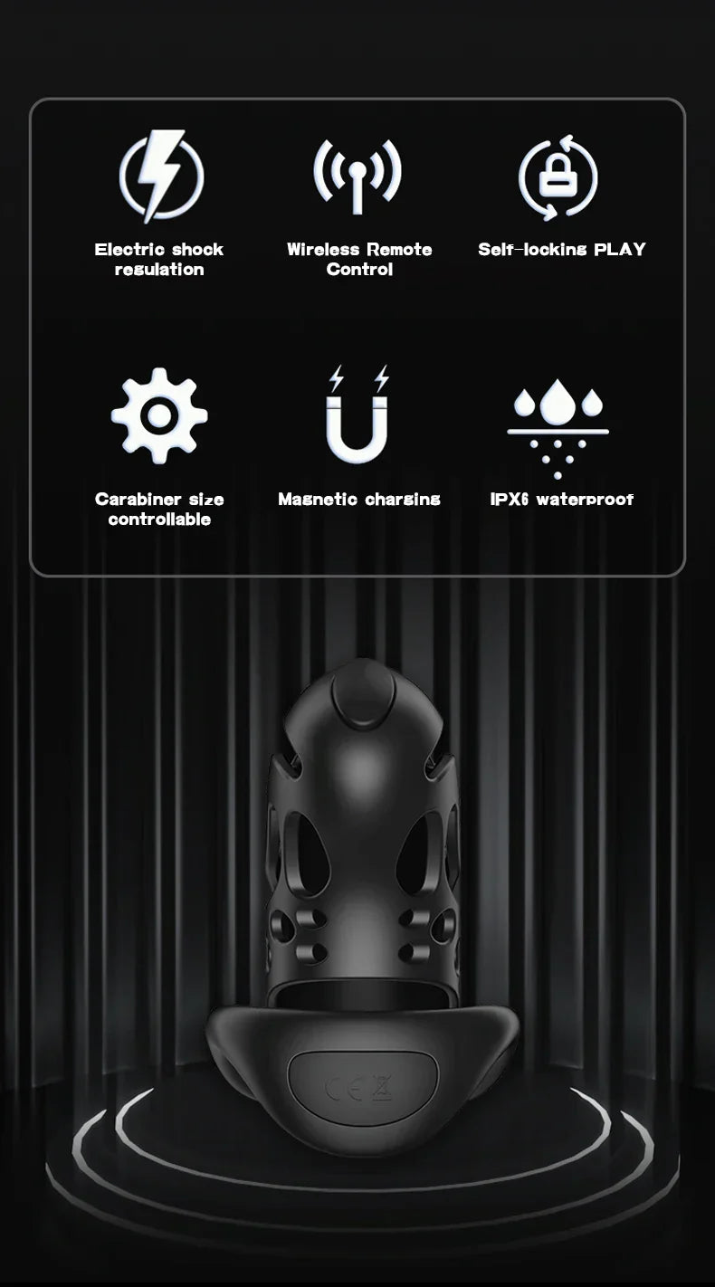GHALLAS remote control chastity cage with electric shock, wireless remote control, self-locking, magnetic charging, and waterproof features