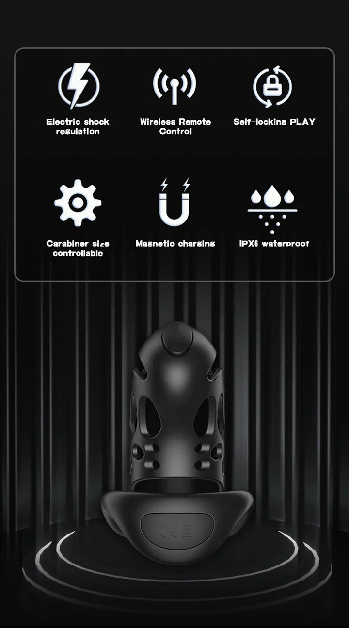 GHALLAS remote control chastity cage with electric shock, wireless remote control, self-locking, magnetic charging, and waterproof features