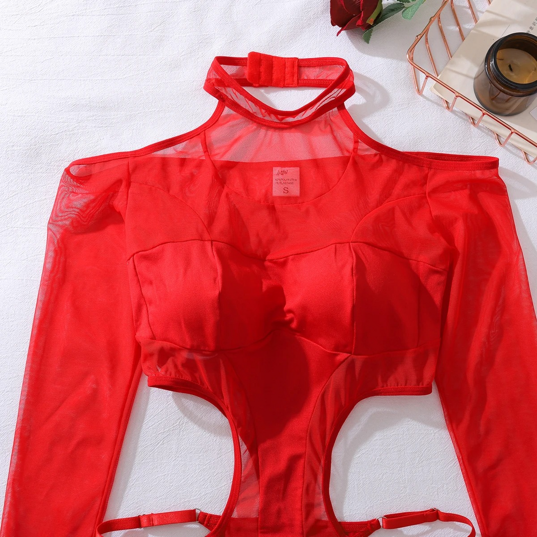 Hollow-Side Off-Shoulder Crotchless Bodysuit