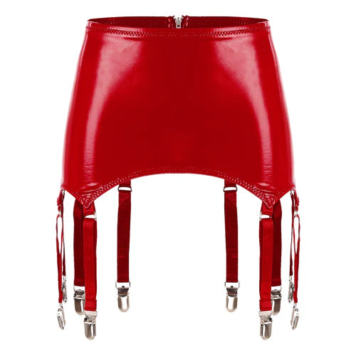 Red leather garter belt with adjustable straps and silver metal clasps by GHALLAS