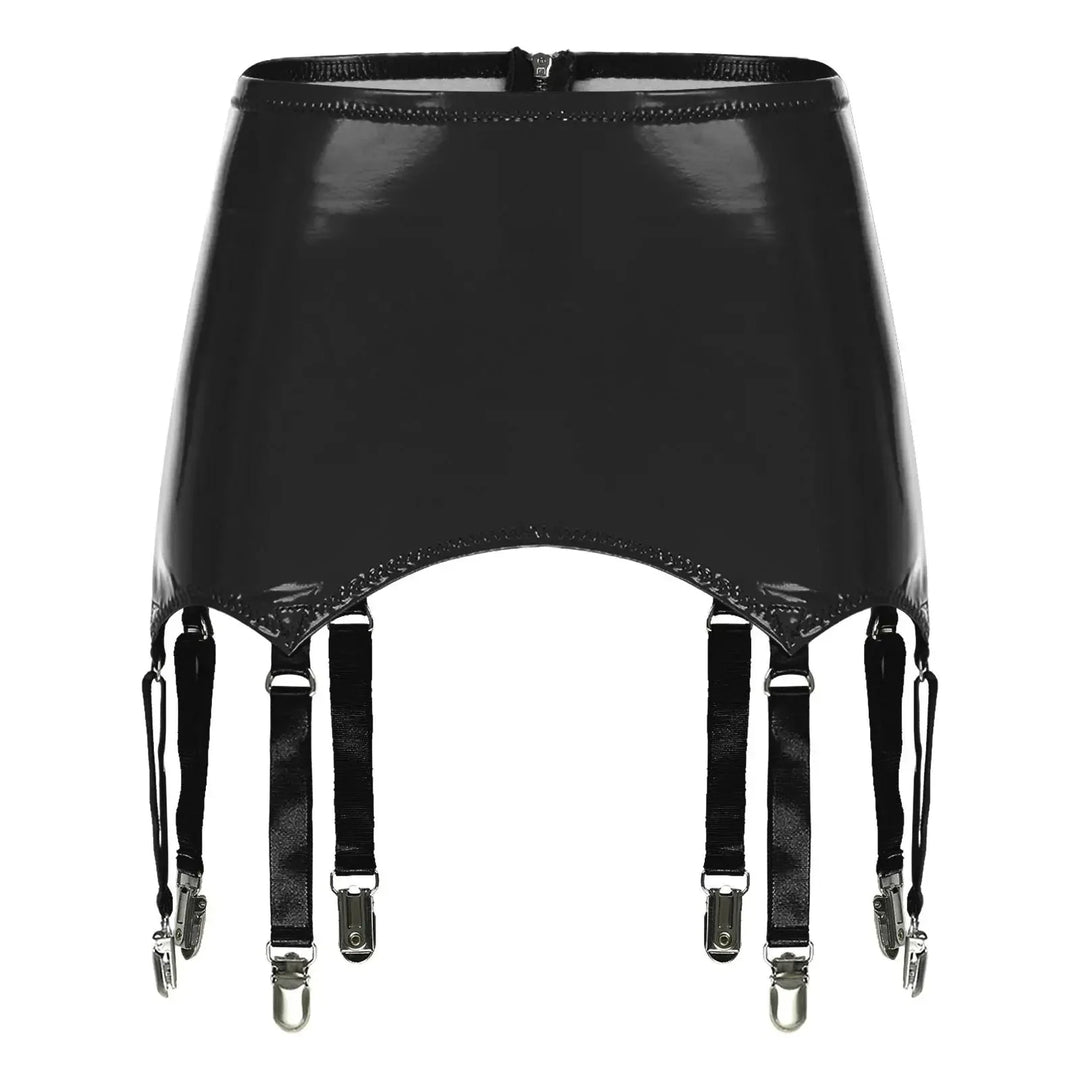 GHALLAS black leather garter belt with adjustable straps and metal clasps for stockings