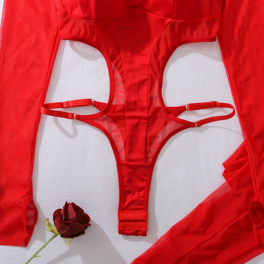 Hollow-Side Off-Shoulder Crotchless Bodysuit
