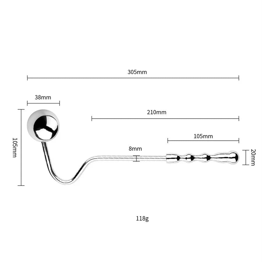 GHALLAS steel anal hook with detailed dimensions and polished metal finish