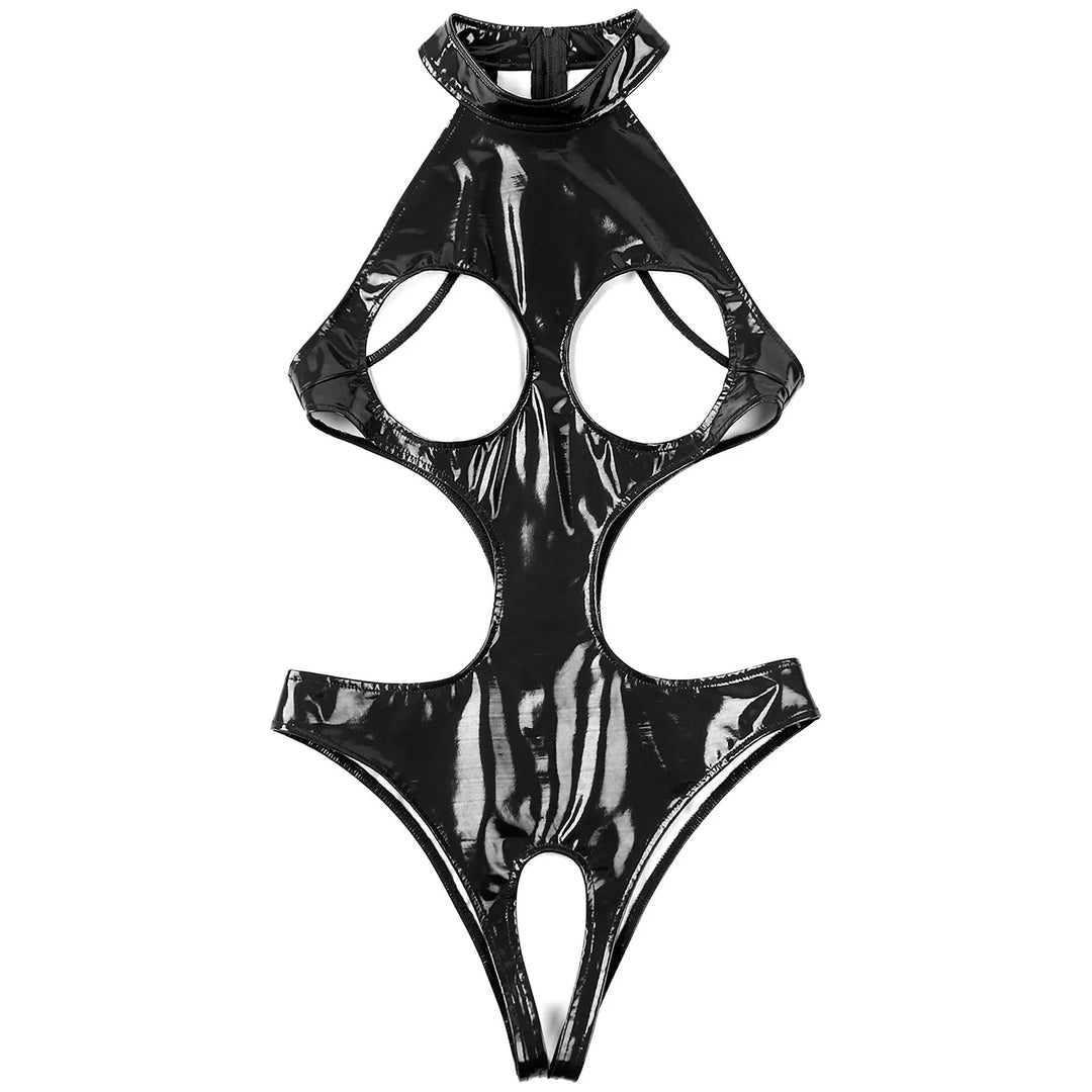 GHALLAS open cup leather bodysuit in shiny black with halter neck and cutout design