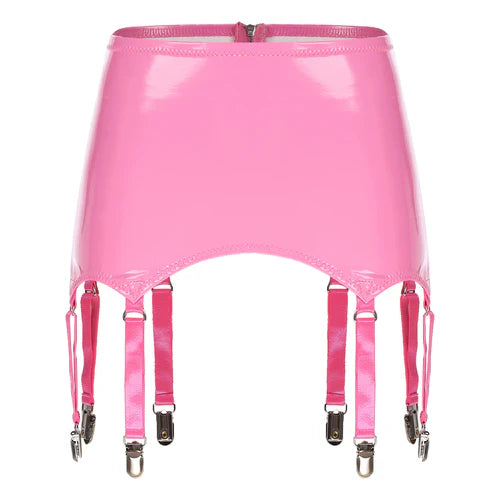 GHALLAS pink leather garter belt with adjustable straps and metal clasps for stockings