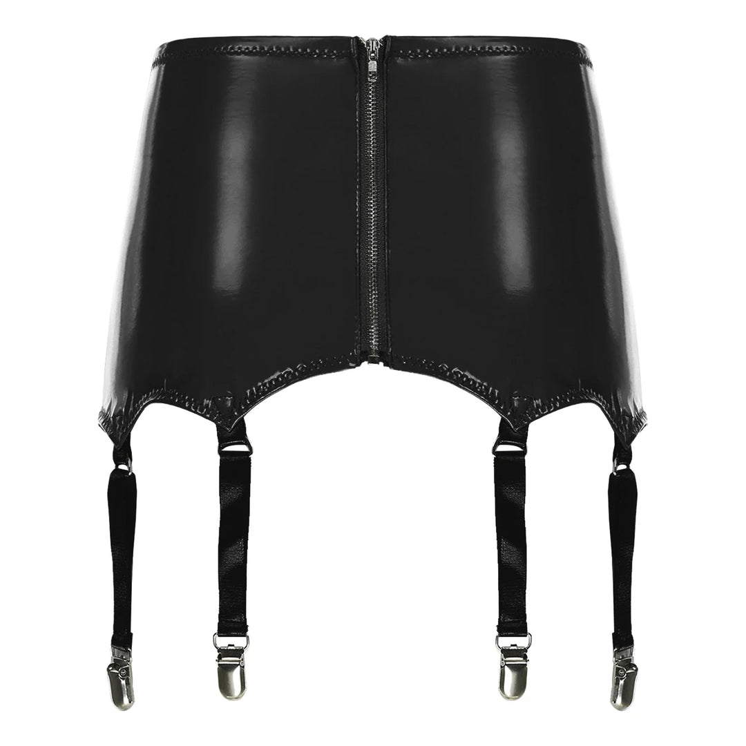 GHALLAS black leather garter belt with front zipper and four adjustable straps with metal clips