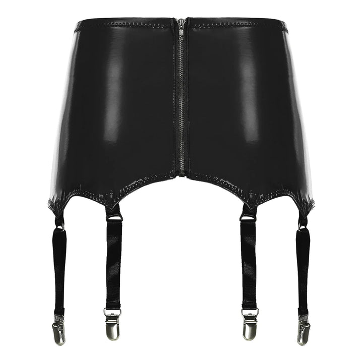GHALLAS black leather garter belt with front zipper and four adjustable straps with metal clips