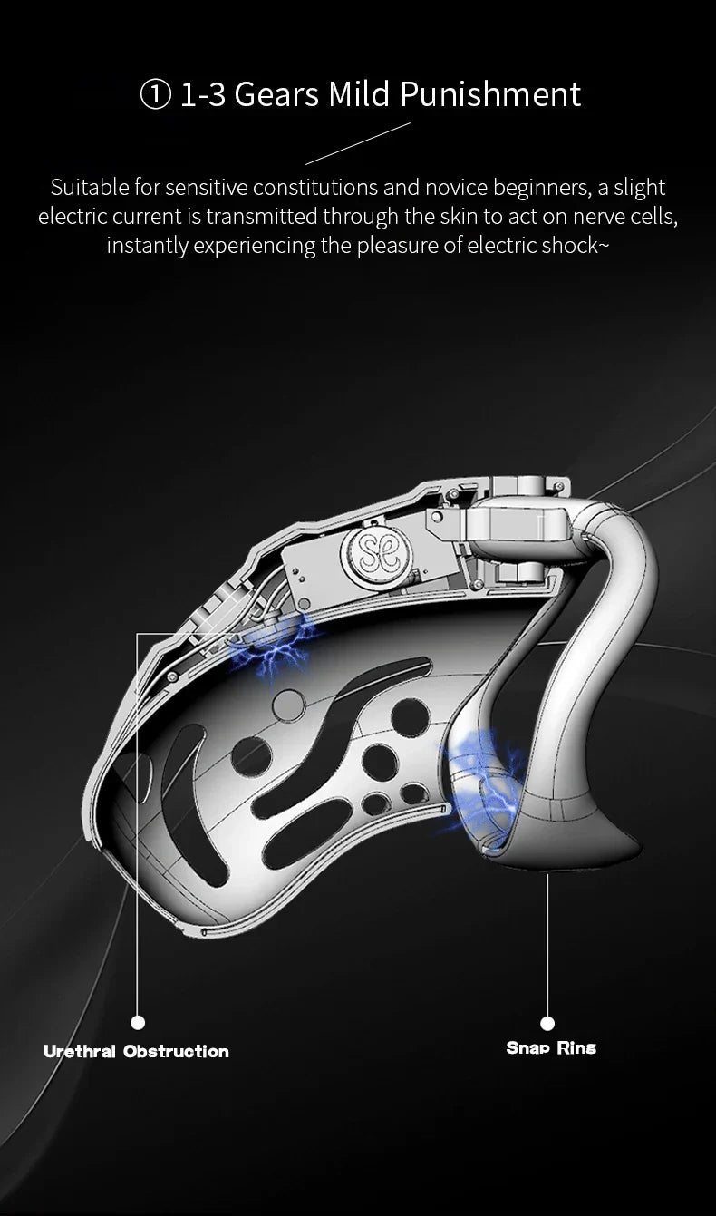 GHALLAS remote control chastity cage with urethral obstruction and snap rings for mild electric shock punishment
