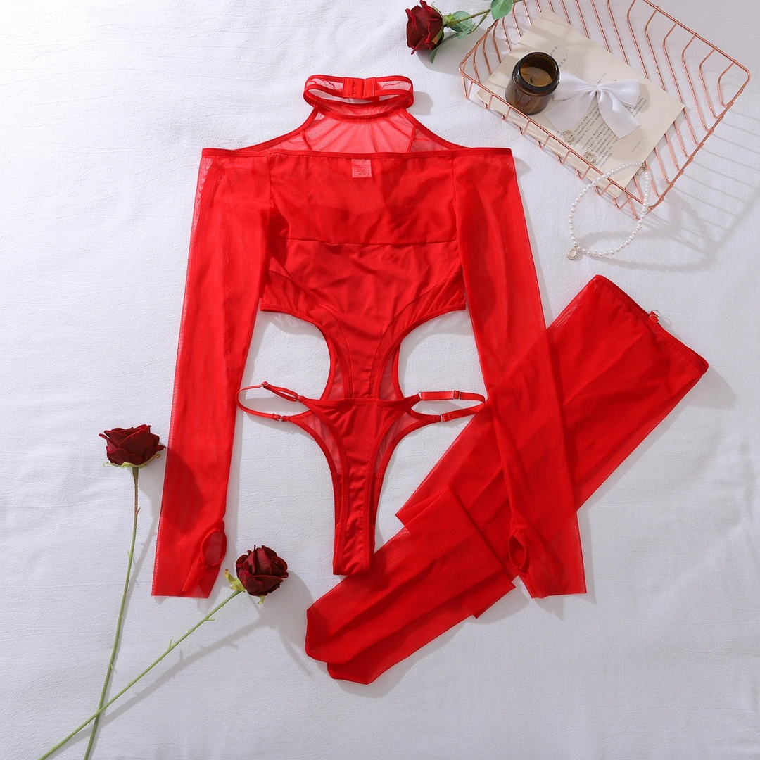 Hollow-Side Off-Shoulder Crotchless Bodysuit
