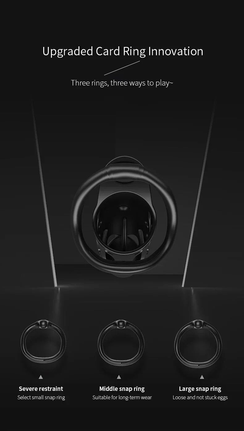 GHALLAS remote control chastity cage with upgraded card ring innovation and three ring sizes for varied restraint levels