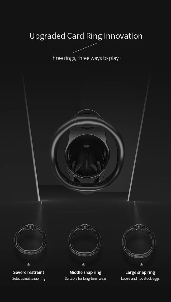 GHALLAS remote control chastity cage with upgraded card ring innovation and three ring sizes for varied restraint levels