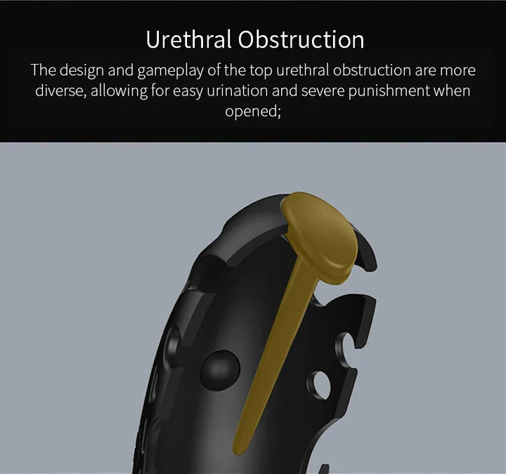 Close-up of urethral obstruction feature on GHALLAS remote control chastity cage highlighting design for easy urination and punishment