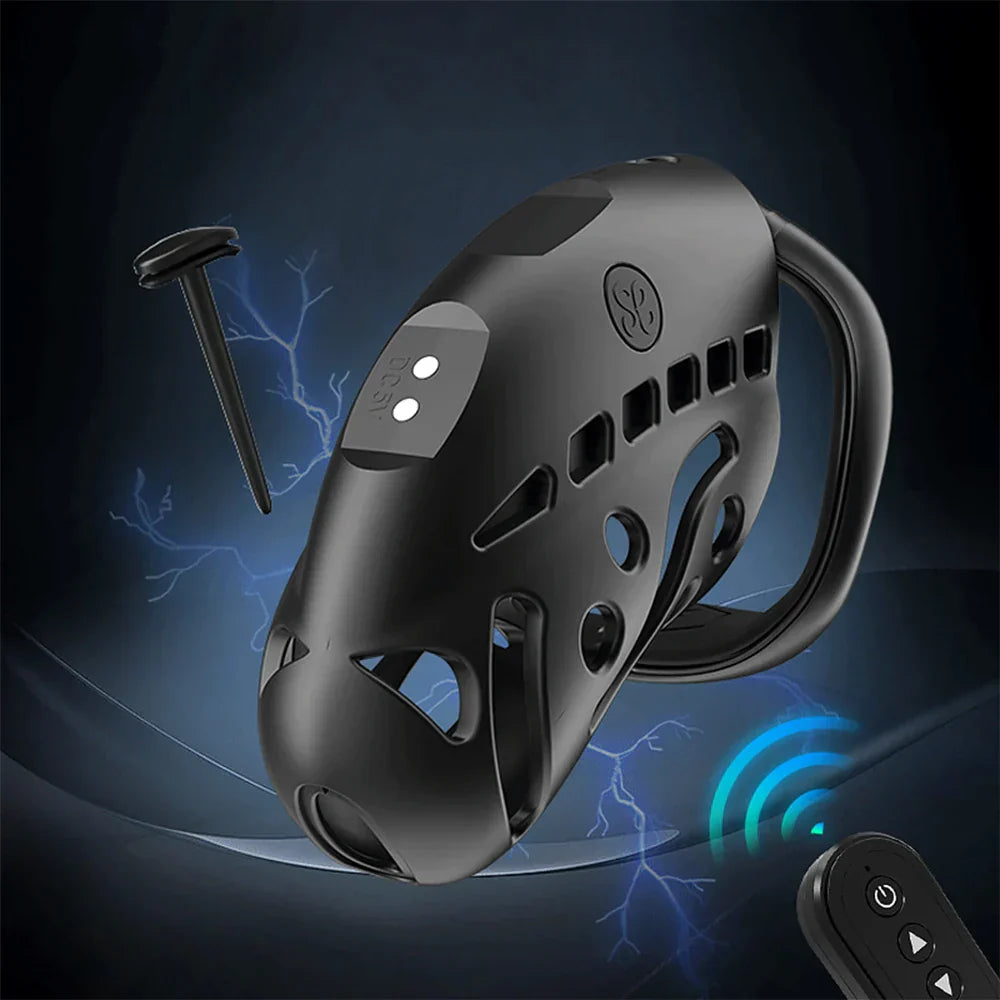 GHALLAS black remote control chastity cage with locking pin and wireless remote for secure wear