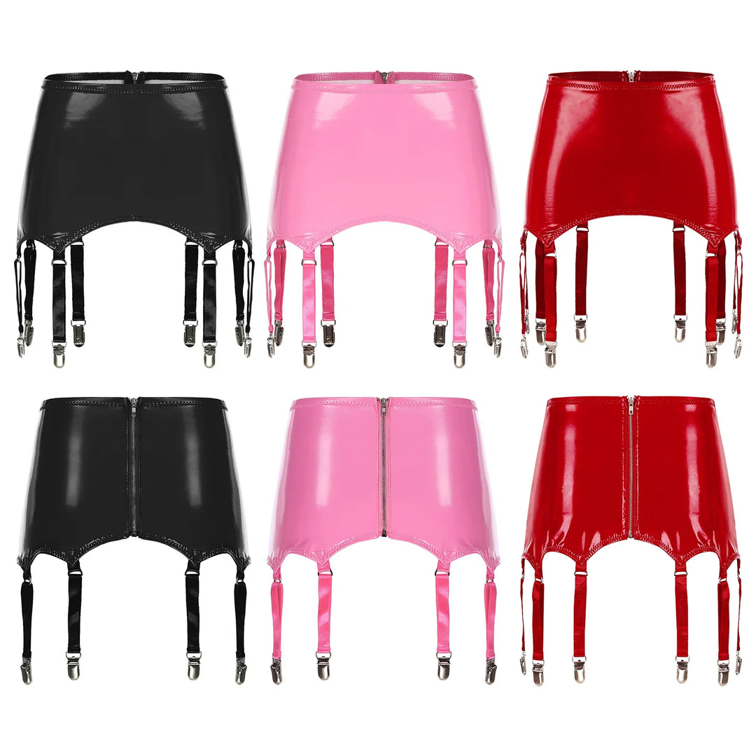 GHALLAS leather garter belt in black pink and red shiny colors with adjustable straps