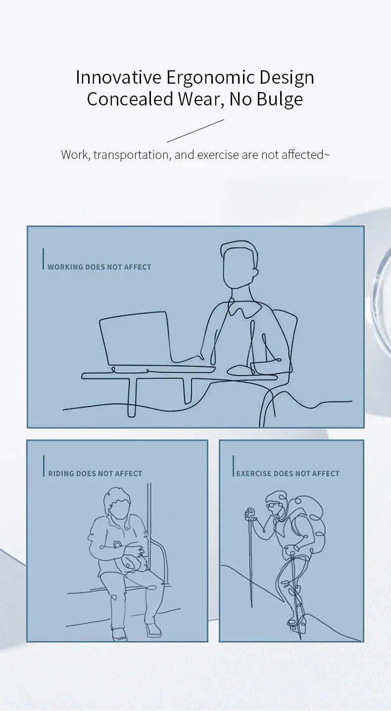 Illustration showing ergonomic design benefits of remote control chastity cage for work, transportation, and exercise