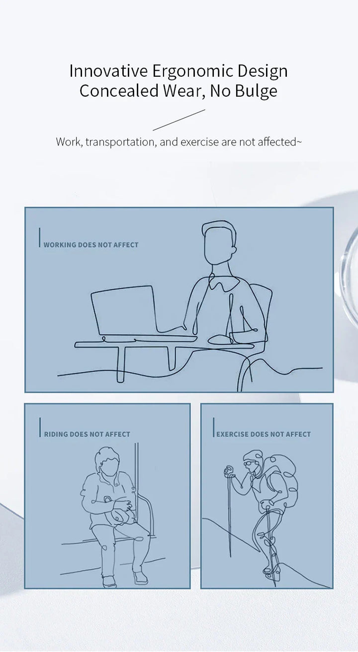 Illustration showing ergonomic design benefits of remote control chastity cage for work, transportation, and exercise