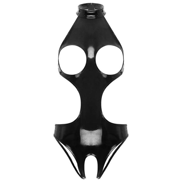 GHALLAS black shiny open cup leather bodysuit with cutouts and high neck design