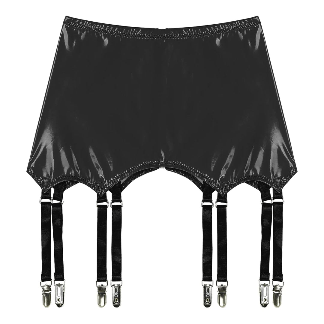 Black GHALLAS leather garter belt with six adjustable straps and silver clips