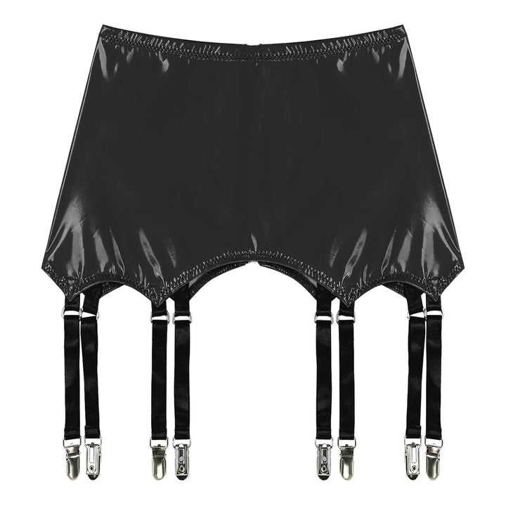 Black GHALLAS leather garter belt with six adjustable straps and silver clips