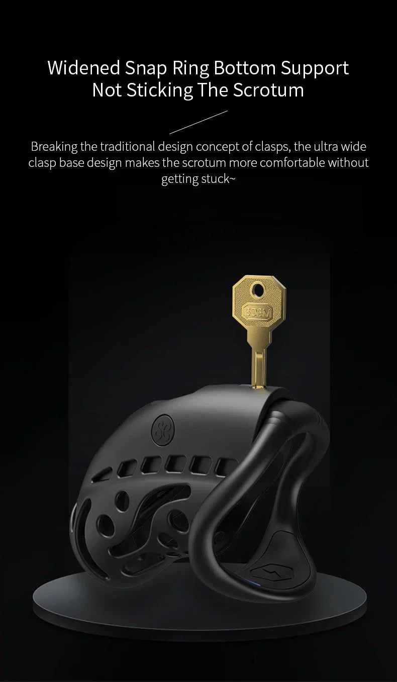 GHALLAS black remote control chastity cage with widened snap ring bottom support and key lock