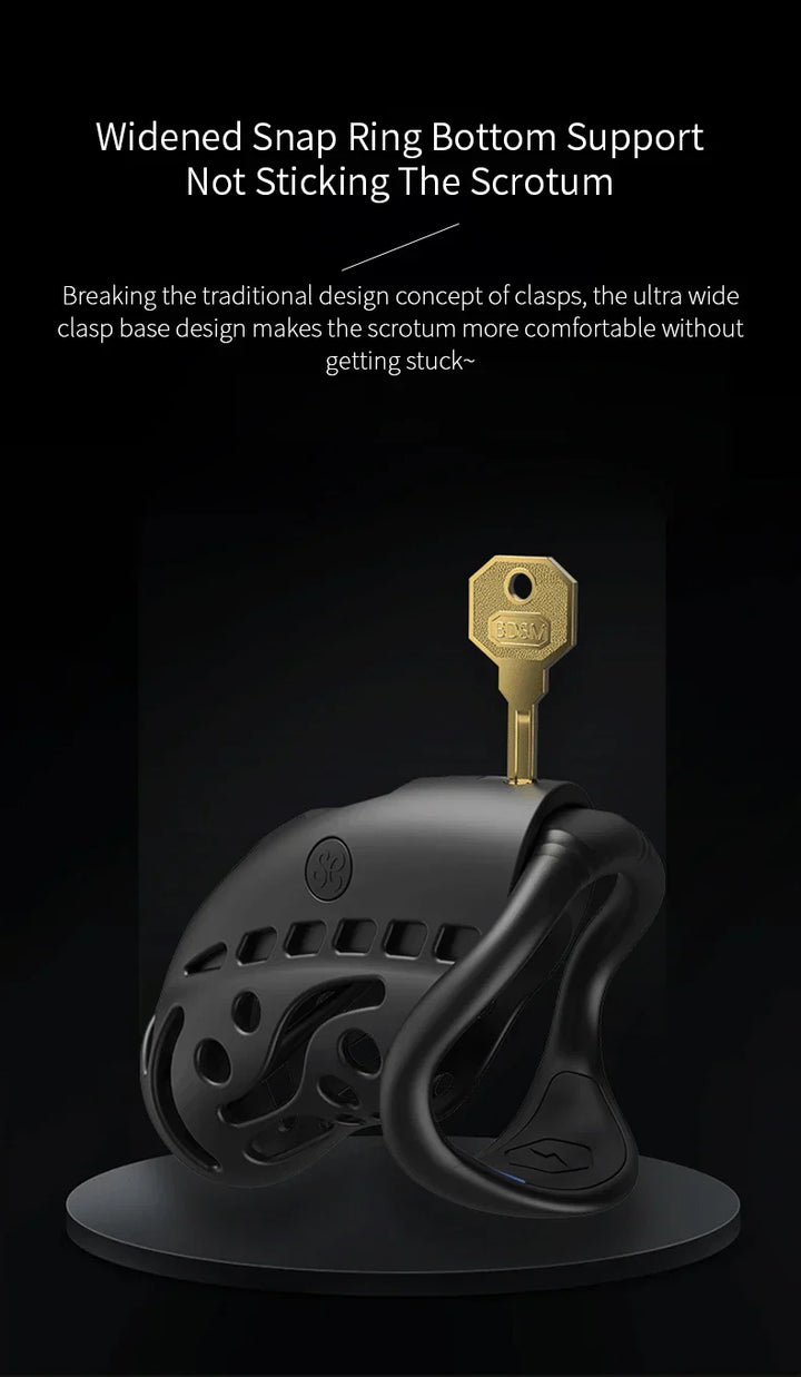 GHALLAS black remote control chastity cage with widened snap ring bottom support and key lock