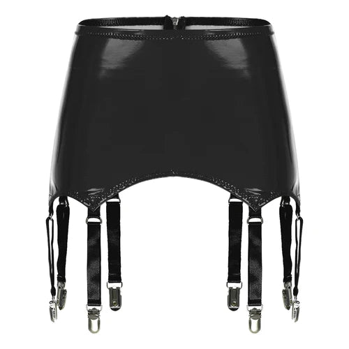Black leather garter belt by GHALLAS with adjustable straps and metal clasps for secure fit
