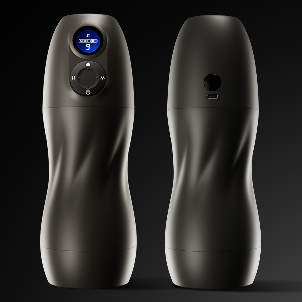 Ghallas male pleasure robot in sleek black with control dial and digital display for personalized use