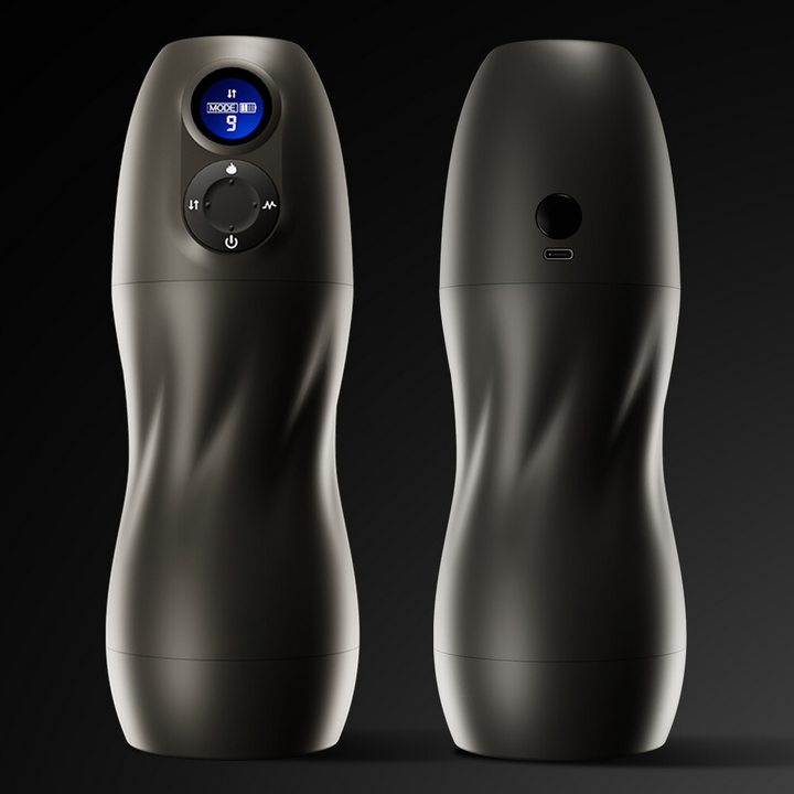 Ghallas male pleasure robot in sleek black with control dial and digital display for personalized use