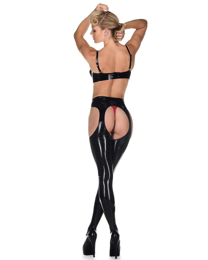 Gothic Tot black latex tights with open back design worn by a model in high heels