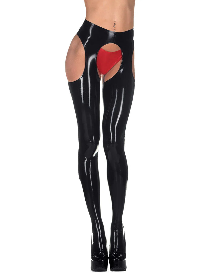 Gothic Tot black latex tights with cutouts and high waistwear styling on model