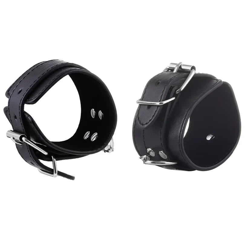 GHALLAS black leather bondage stimulation set wrist cuffs with adjustable metal buckles