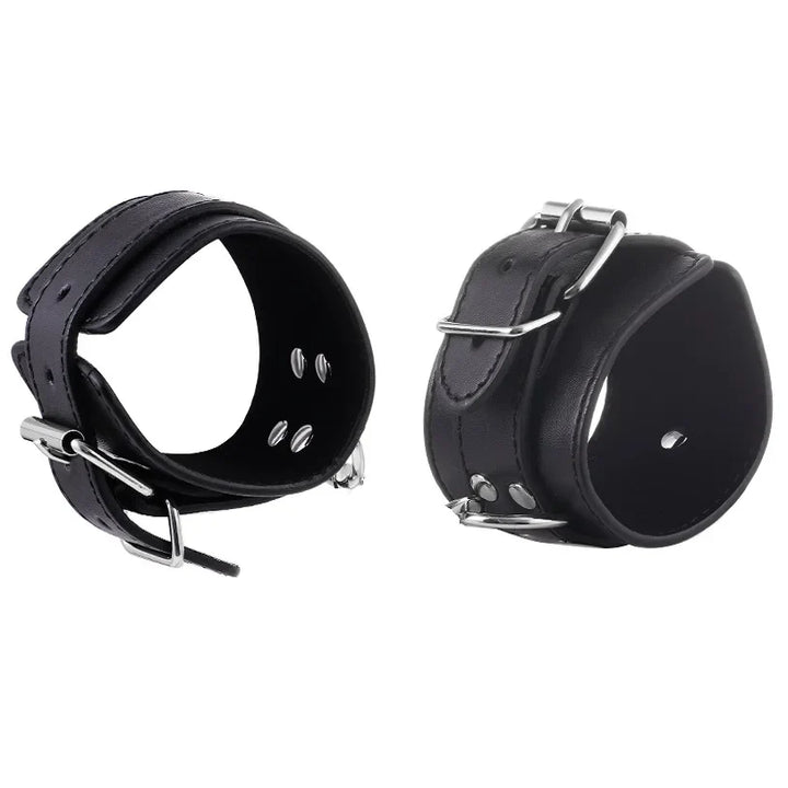 GHALLAS black leather bondage stimulation set wrist cuffs with adjustable metal buckles
