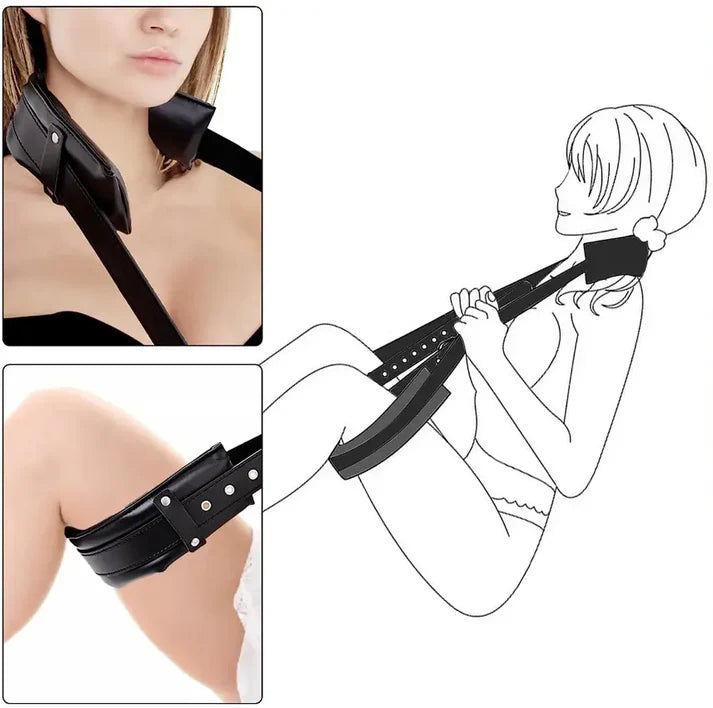 Adjustable BDSM restraints by GhallasGoth featuring black leather cuffs for neck and thighs with buckle straps