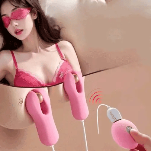 Pink electric nipple clamp vibrator with remote control shown on woman wearing pink lingerie and blindfold