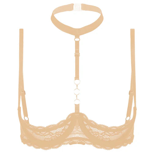 GHALLAS beige lace halter neck bra with adjustable straps and decorative front harness detail