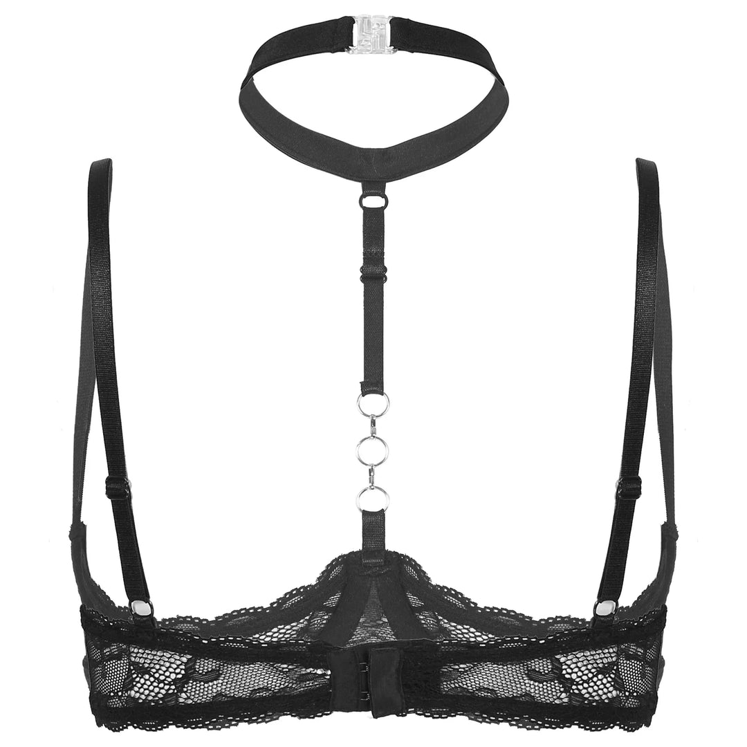 GHALLAS black lace halter neck bra with adjustable straps and decorative ring detailing