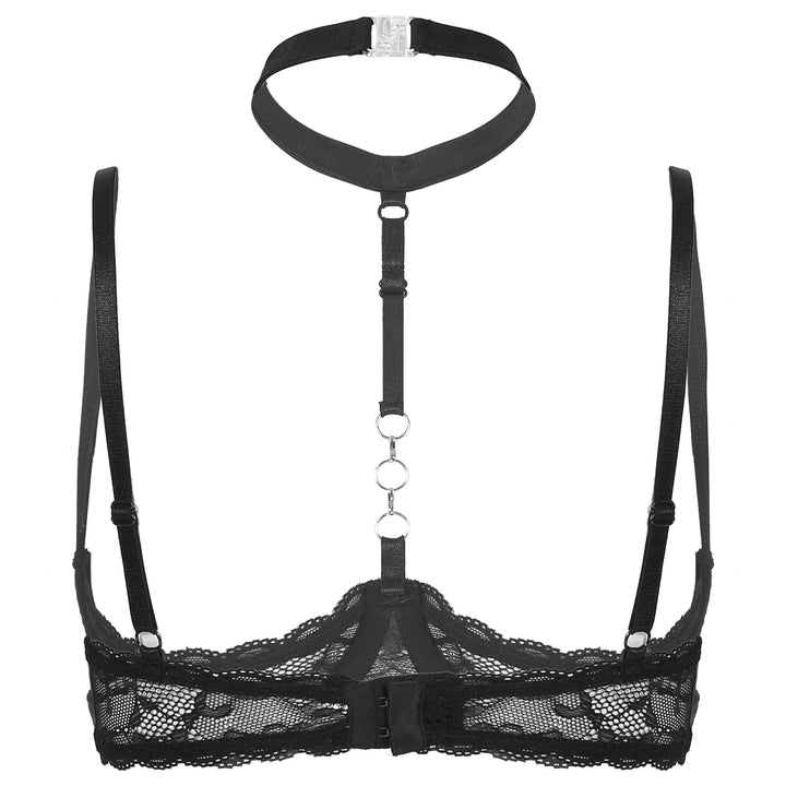 GHALLAS black lace halter neck bra with adjustable straps and decorative ring detailing