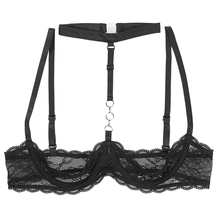 GHALLAS black lace halter neck bra with adjustable straps and decorative rings