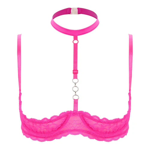 GHALLAS bright pink lace halter neck bra with adjustable straps and metal ring details