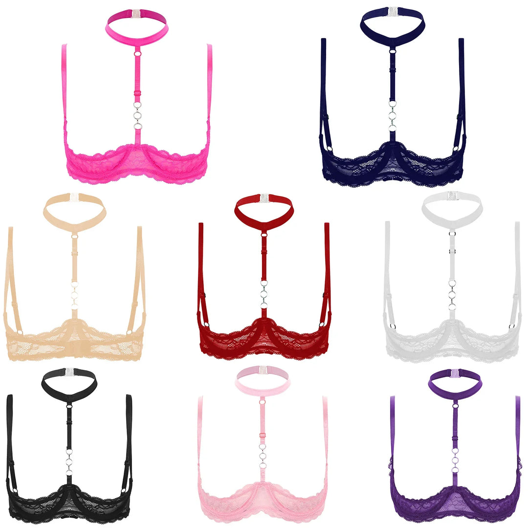 GHALLAS halter neck bra in multiple colors with lace design and adjustable straps