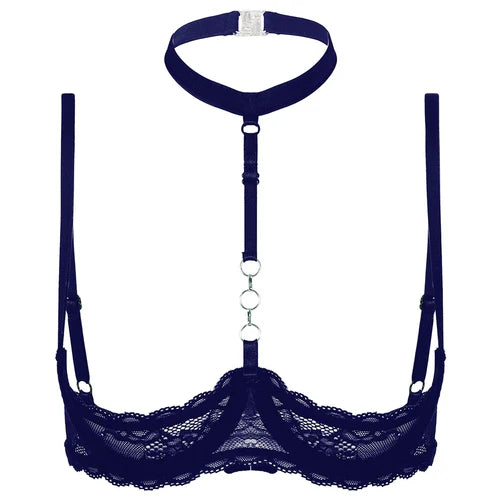 GHALLAS navy blue lace halter neck bra with adjustable straps and decorative rings
