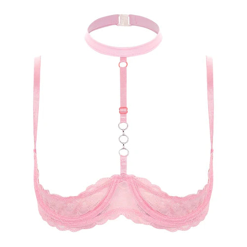 GHALLAS pink lace halter neck bra with adjustable straps and rings for stylish support