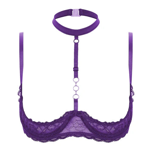 GHALLAS purple lace halter neck bra with decorative rings and adjustable straps