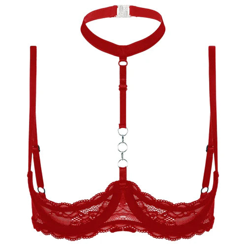 GHALLAS red lace halter neck bra with adjustable straps and decorative rings